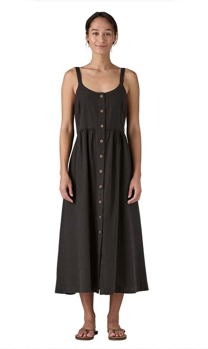 Patagonia Garden Island Dress Size L Black Midi Button Front Minimalist Granola